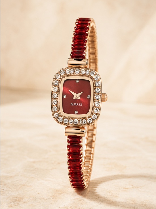 Quarts Accessories - Red Crystal Rhinestone Gold-Tone Quartz Watch